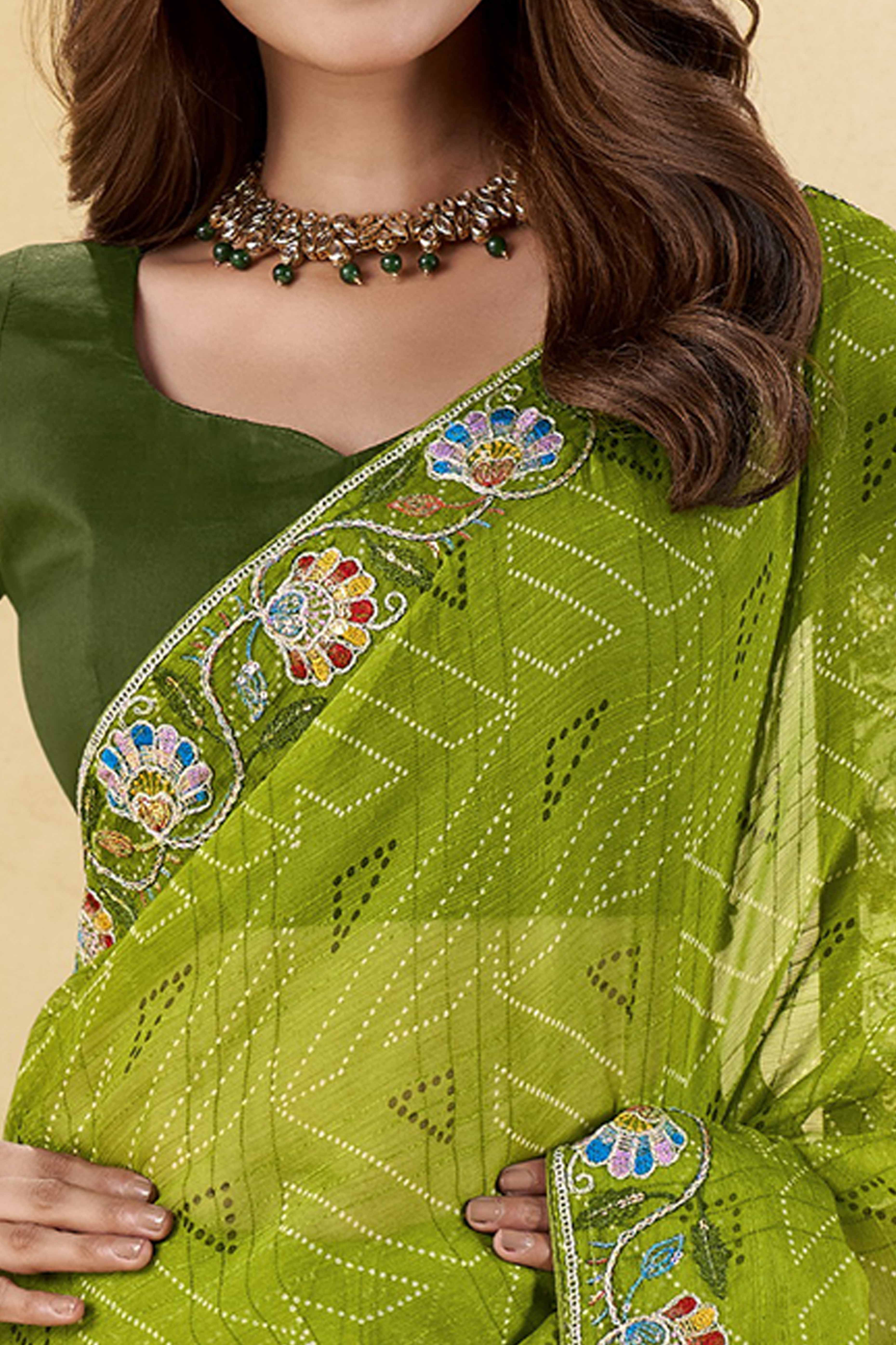 Green Geometric Printed Chiffon Saree Accented With Floral Sequins Embroidered Border Work