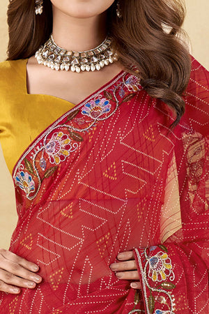 Red Geometric Printed Chiffon Saree Accented With Floral Sequins Embroidered Border Work