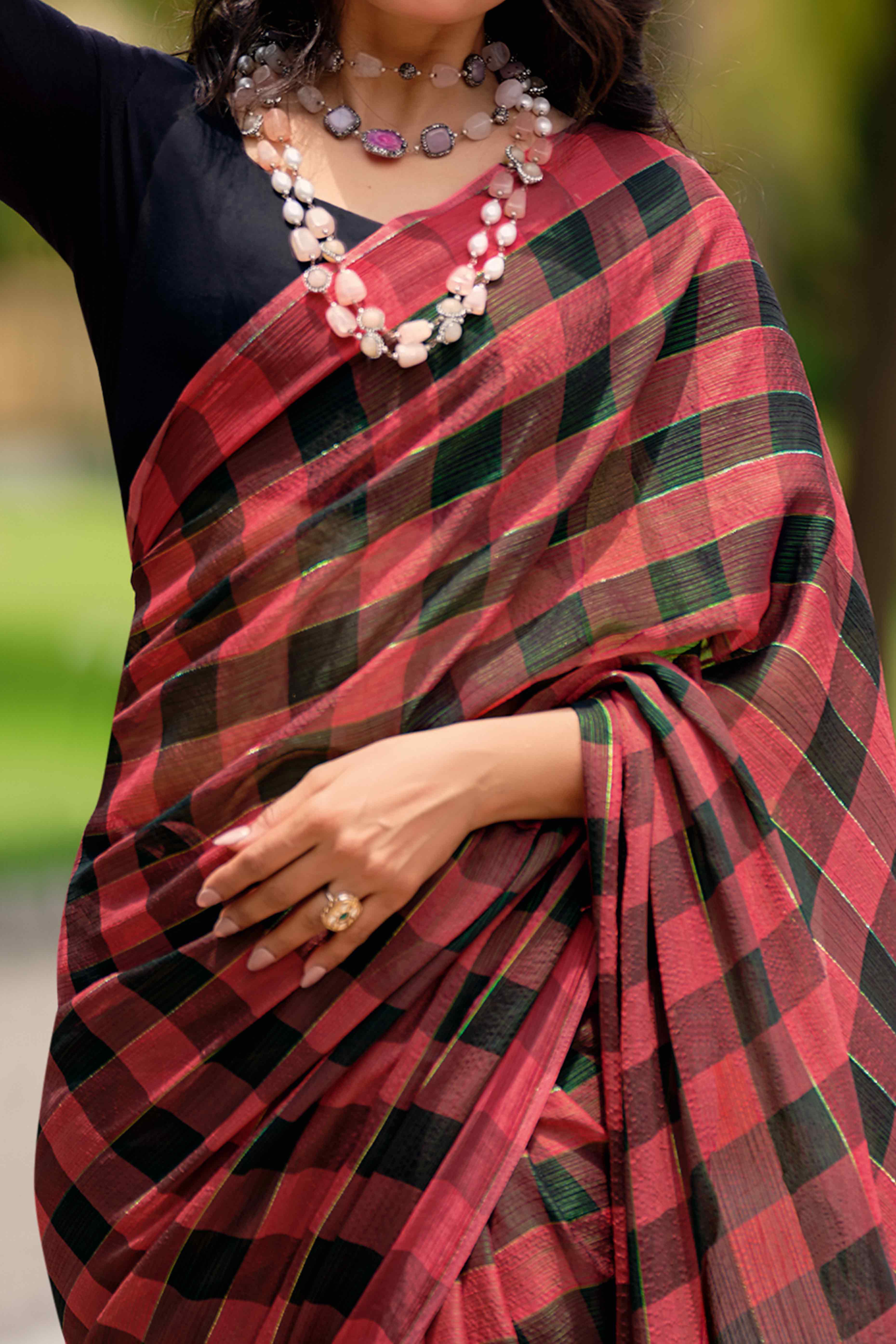 Rusty Red With Intricate Black Weaving Checks Georgette Saree