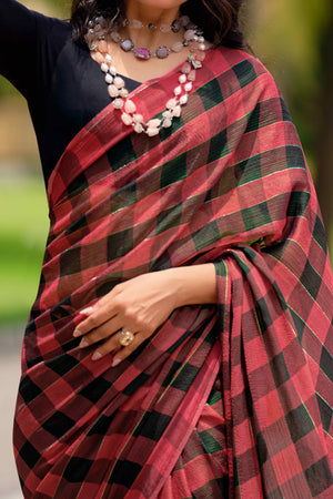 Rusty Red With Intricate Black Weaving Checks Georgette Saree