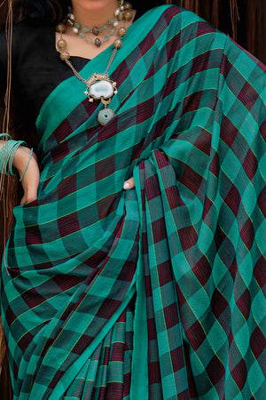 Teal Green With Intricate Black Weaving Checks Georgette Saree
