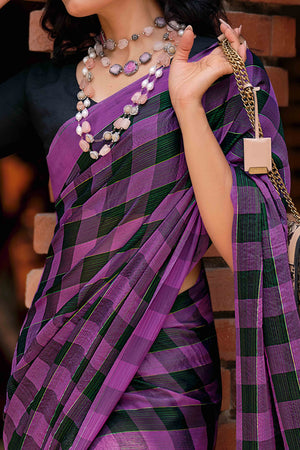 Lavender With Intricate Black Weaving Checks Georgette Saree
