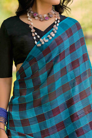 Sky Blue With Intricate Black Weaving Checks Georgette Saree