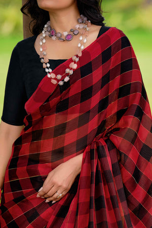 Red With Intricate Black Weaving Checks Georgette Saree