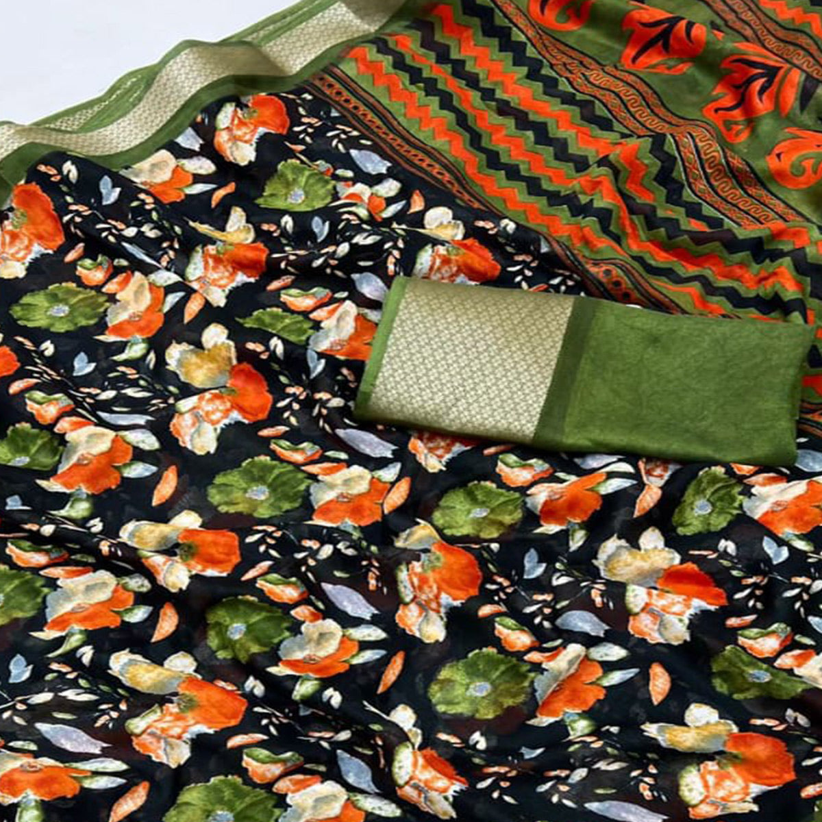Black & Mehendi Green Floral Printed Moss Georgette Saree With Woven Border
