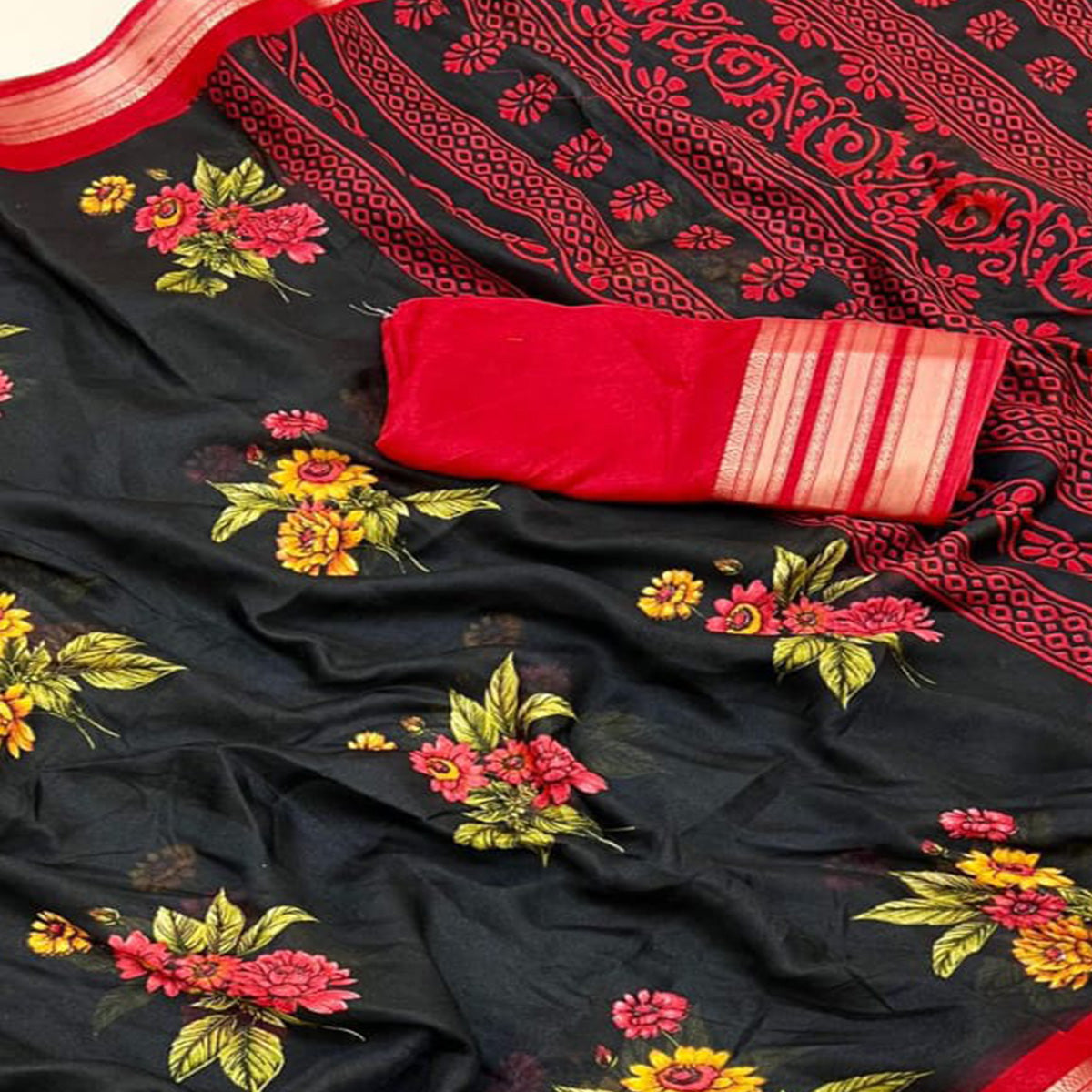 Black & Red Floral Printed Moss Georgette Saree With Woven Border