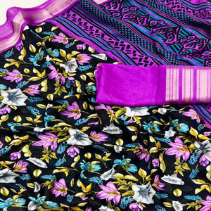 Black & Purple Floral Printed Moss Georgette Saree With Woven Border