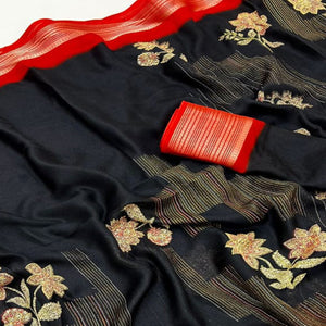 Black & Red Floral Printed Moss Georgette Saree With Woven Border