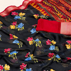 Black & Red Floral Printed Moss Georgette Saree With Woven Border