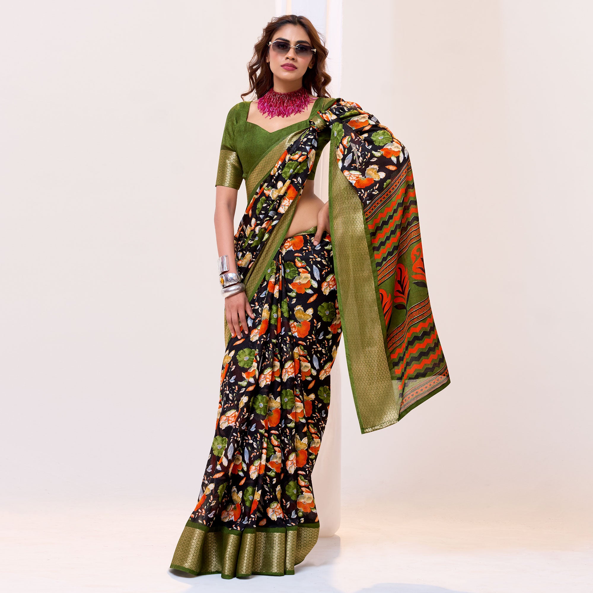 Black & Green Floral Printed Cotton Blend Saree With Woven Border