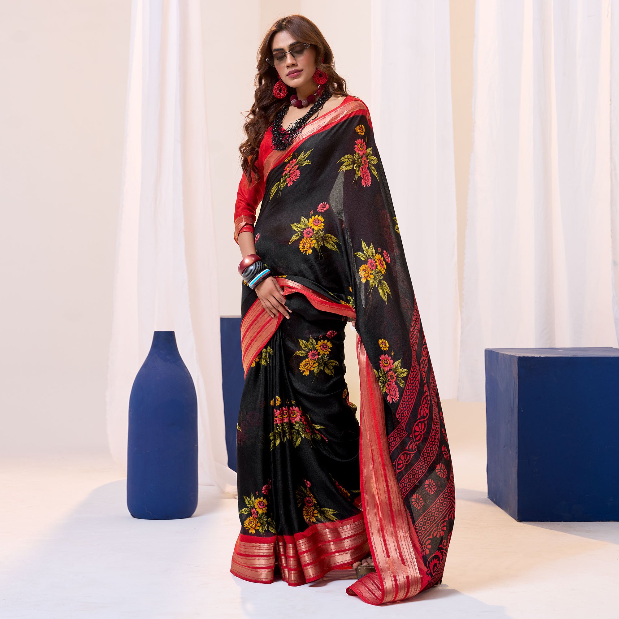 Black & Red Floral Printed Cotton Blend Saree With Woven Border