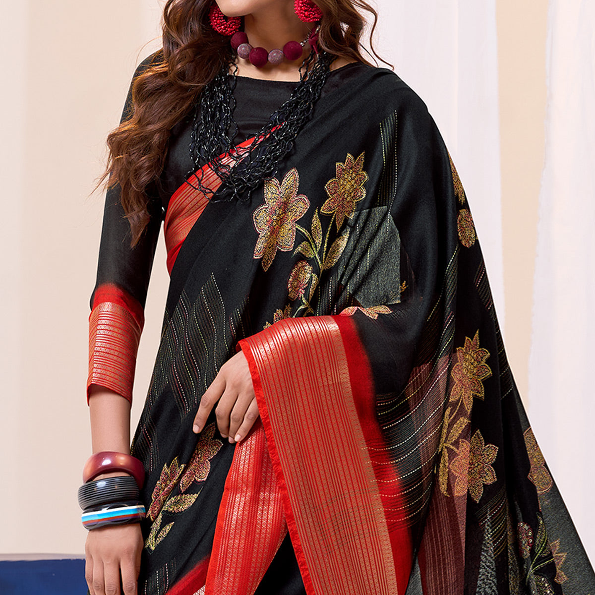 Black & Red Floral Printed Cotton Blend Saree With Woven Border