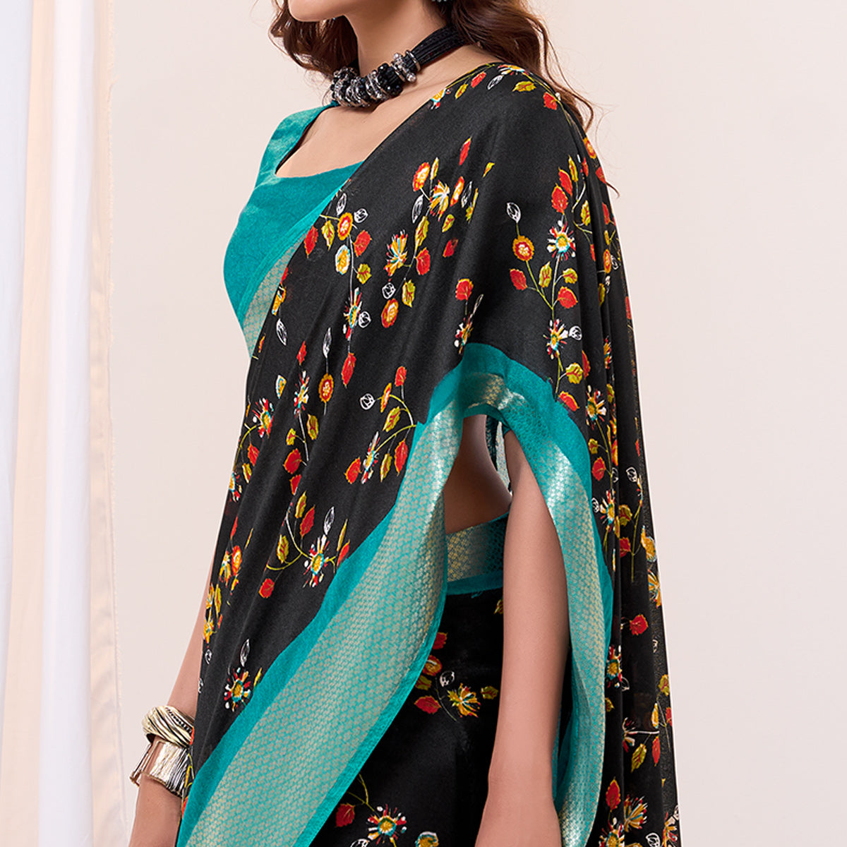 Black & Rama Blue Floral Printed Cotton Blend Saree With Woven Border