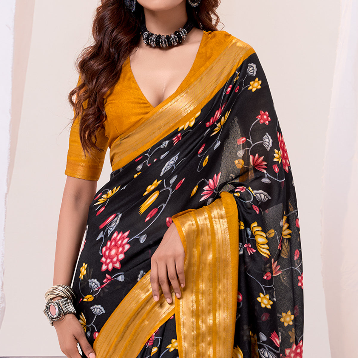 Black & Mustard Floral Printed Cotton Blend Saree With Woven Border