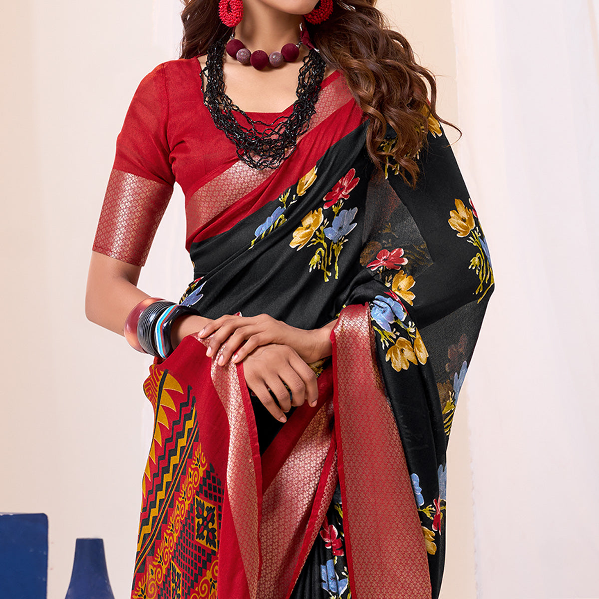 Black & Red Floral Printed Cotton Blend Saree With Woven Border