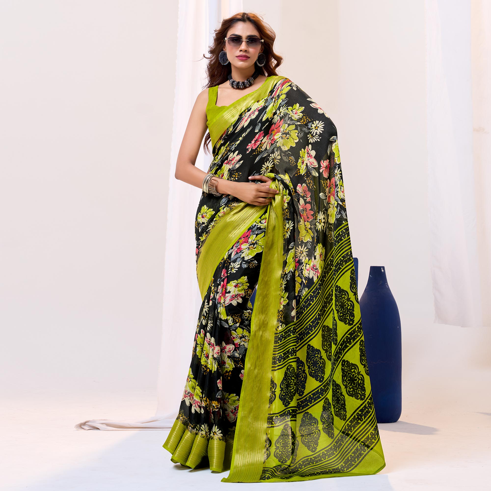 Black & Green Floral Printed Cotton Blend Saree With Woven Border