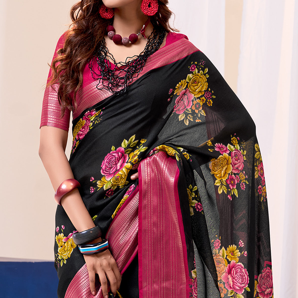 Black & Pink Floral Printed Cotton Blend Saree With Woven Border