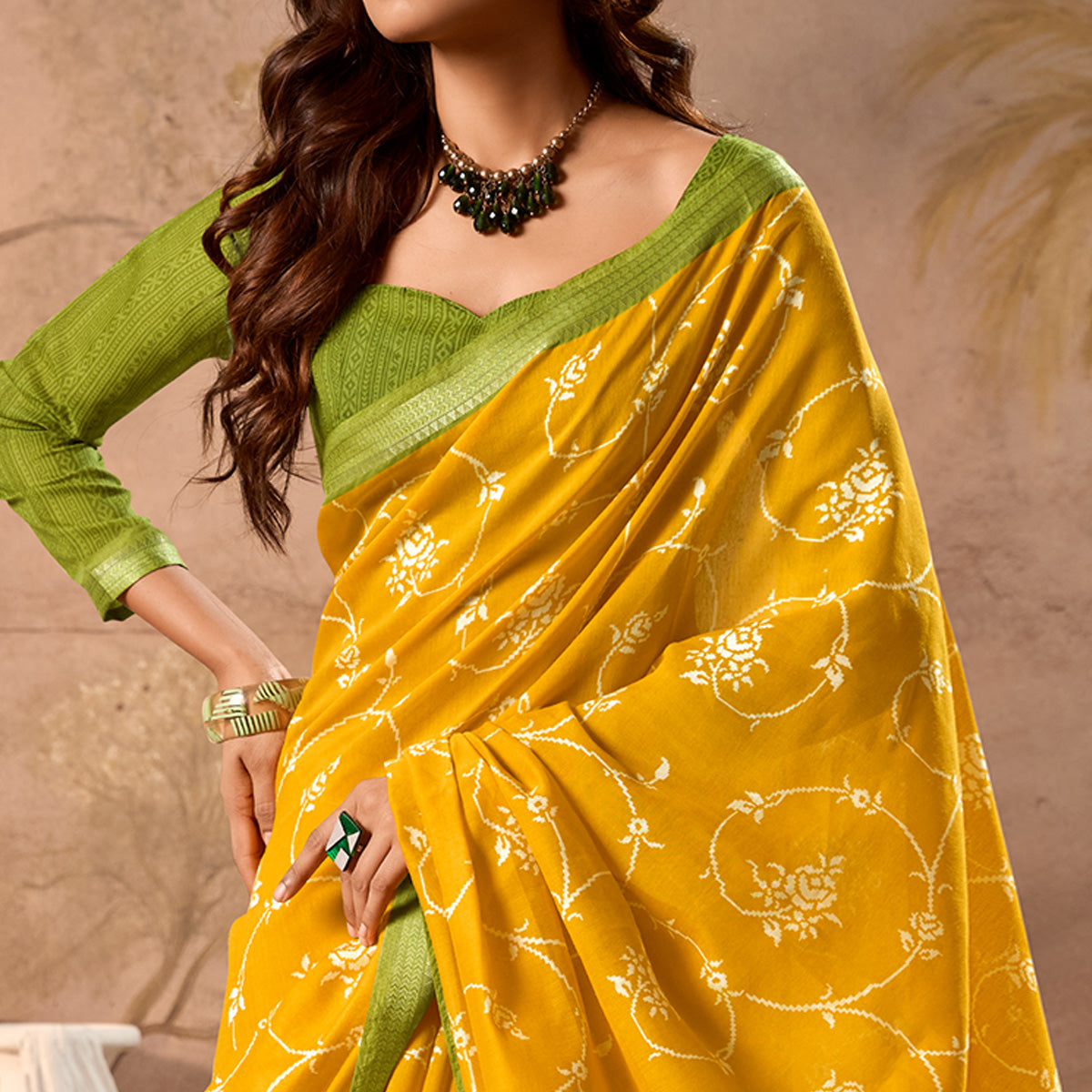 Mustard Floral Printed Pure Cotton Saree