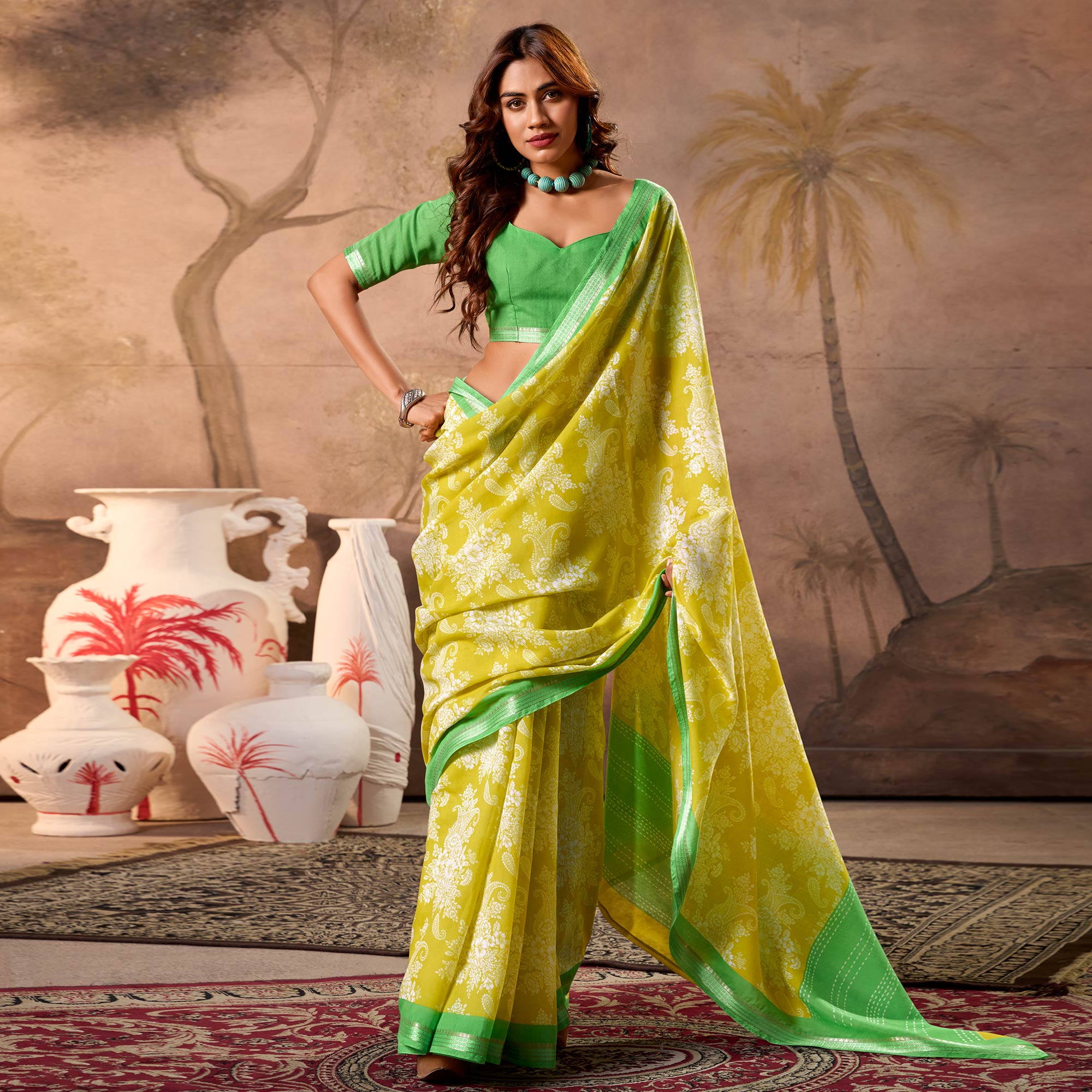 Pear Green Floral Printed Pure Cotton Saree