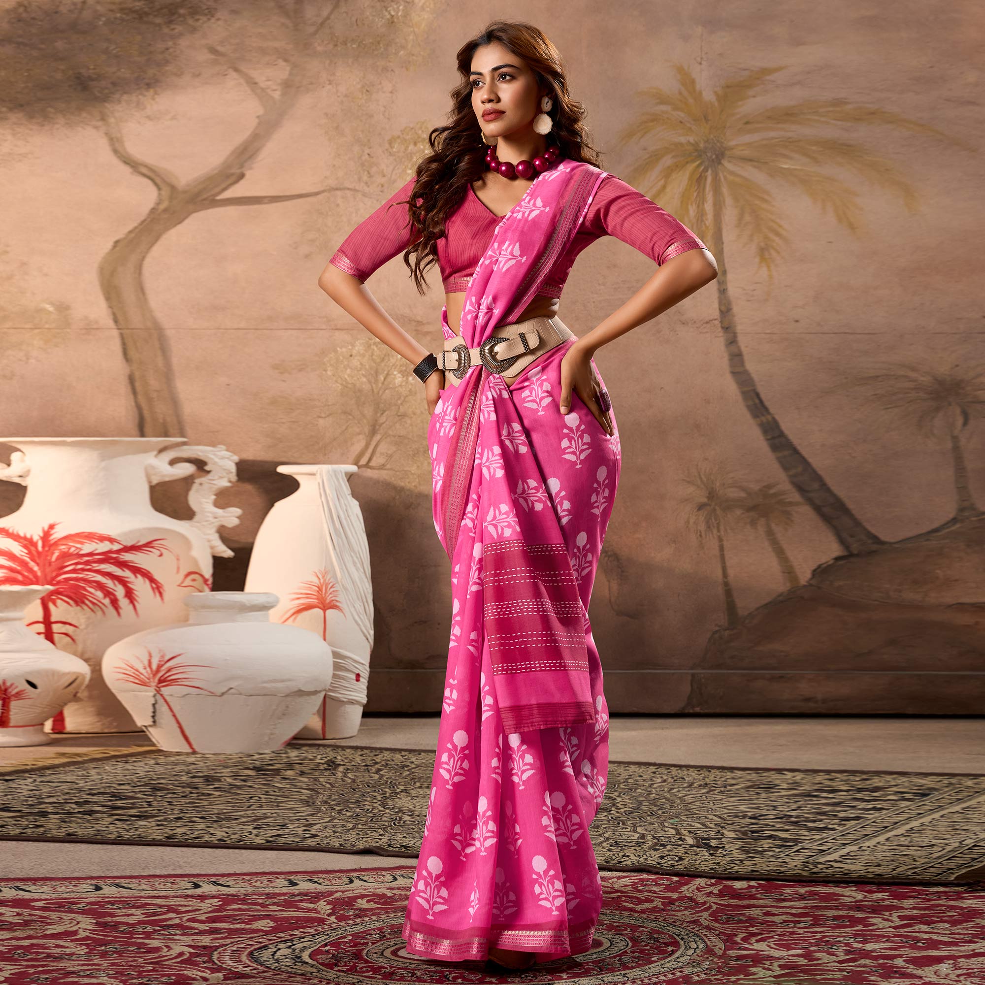 Pink Floral Printed Pure Cotton Saree