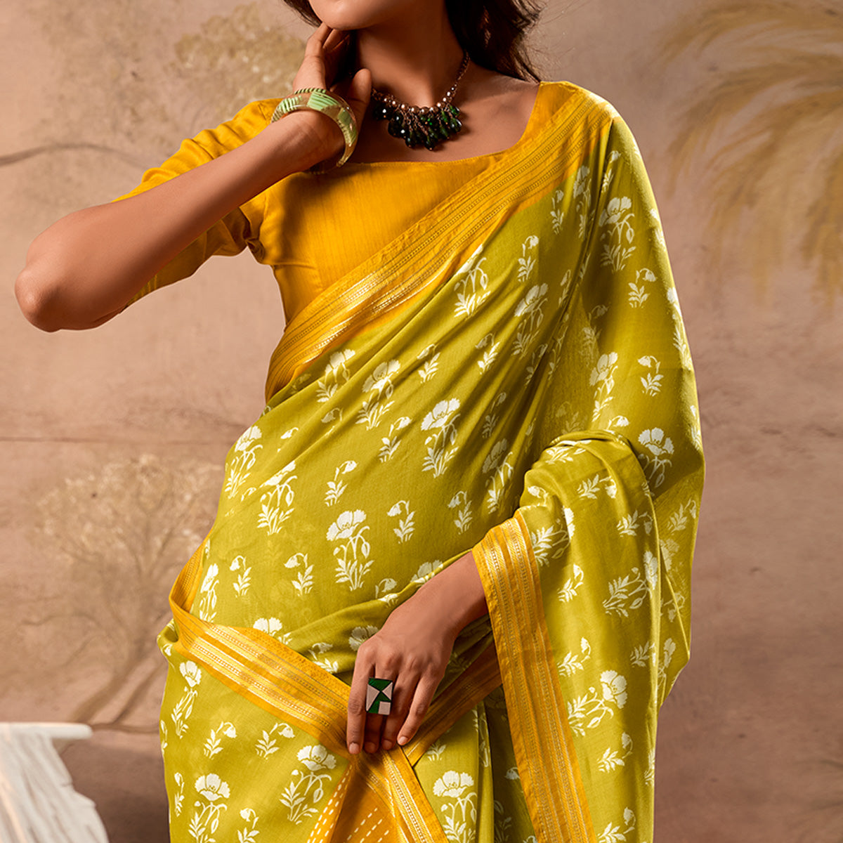 Olive Floral Printed Pure Cotton Saree