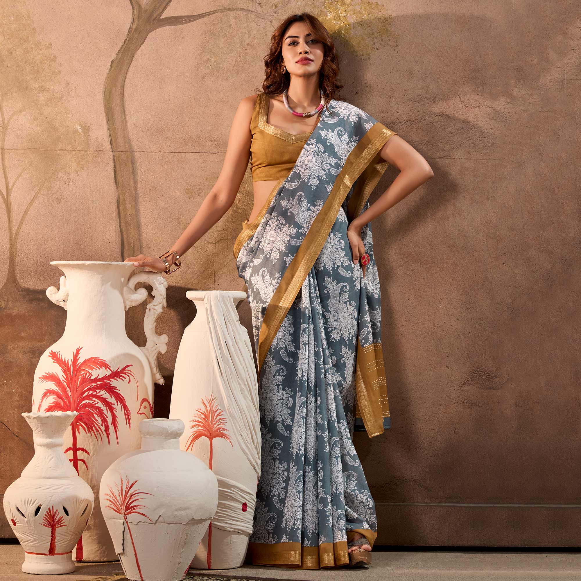 Grey Floral Printed Pure Cotton Saree