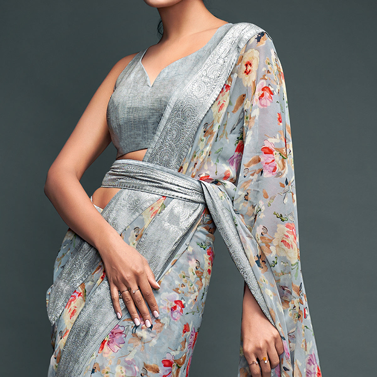Grey Floral Printed Georgette Saree