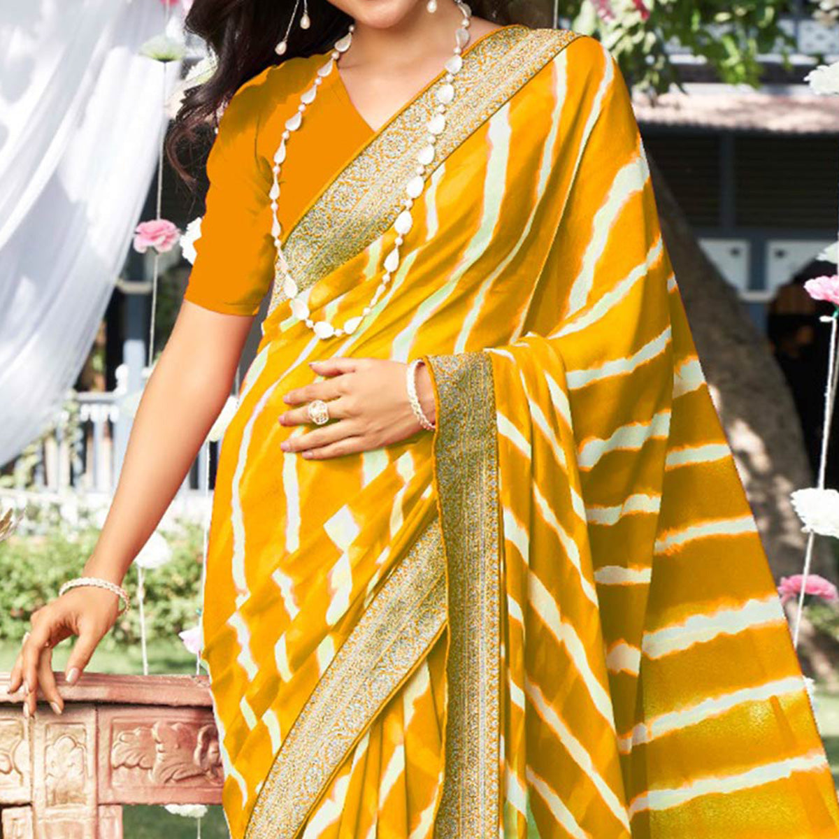 Yellow Leheriya Printed With Woven Border Georgette Saree