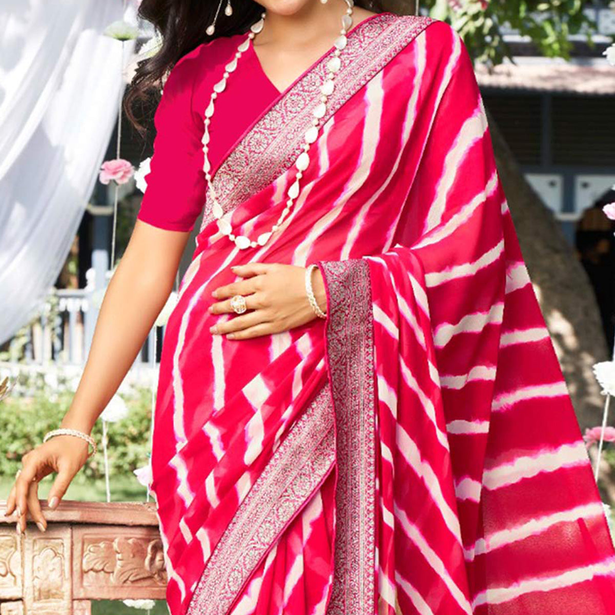 Pink Leheriya Printed With Woven Border Georgette Saree