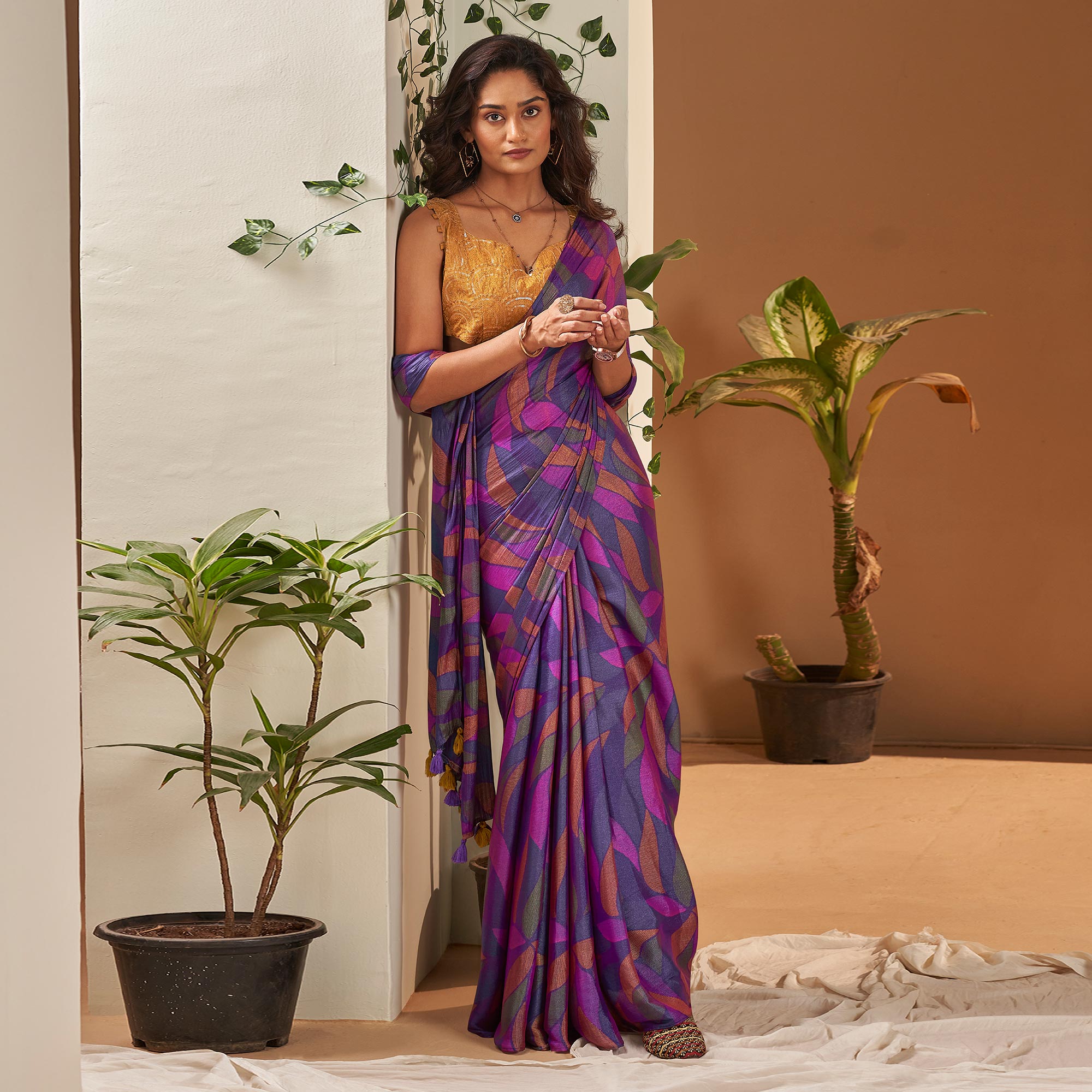 Purple Printed Nylon Saree With Tassels