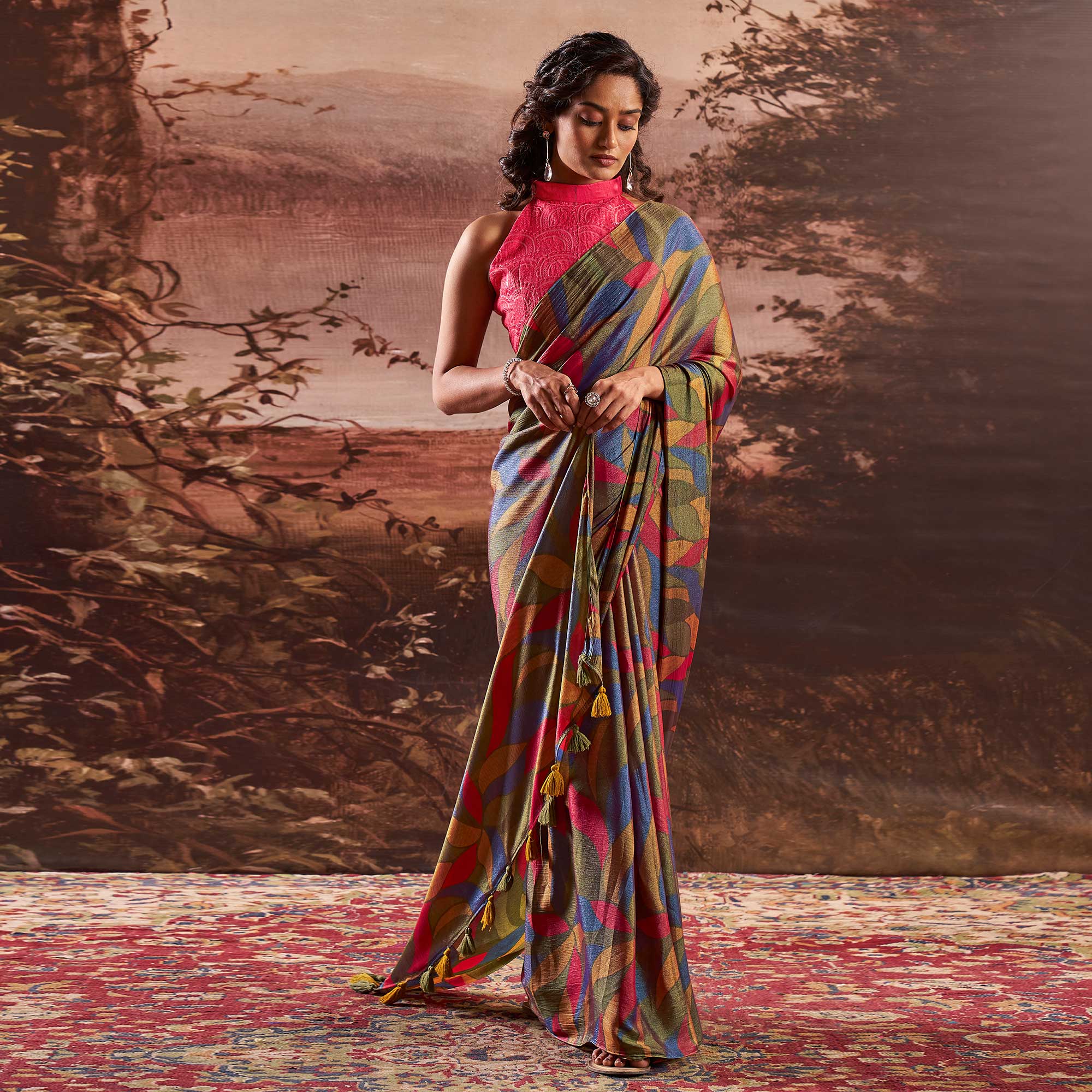 Olive Green Printed Nylon Saree With Tassels
