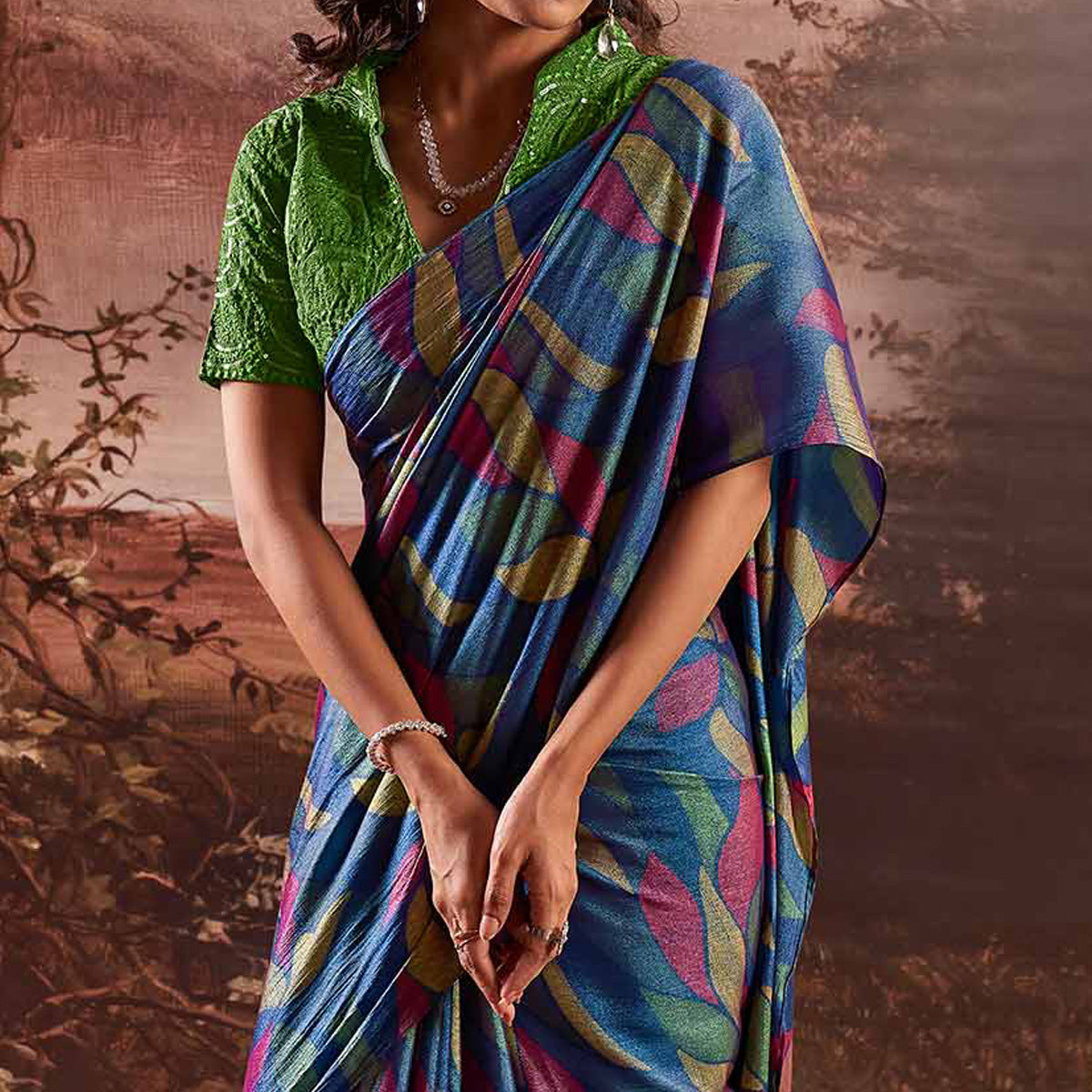 Blue Printed Nylon Saree With Tassels