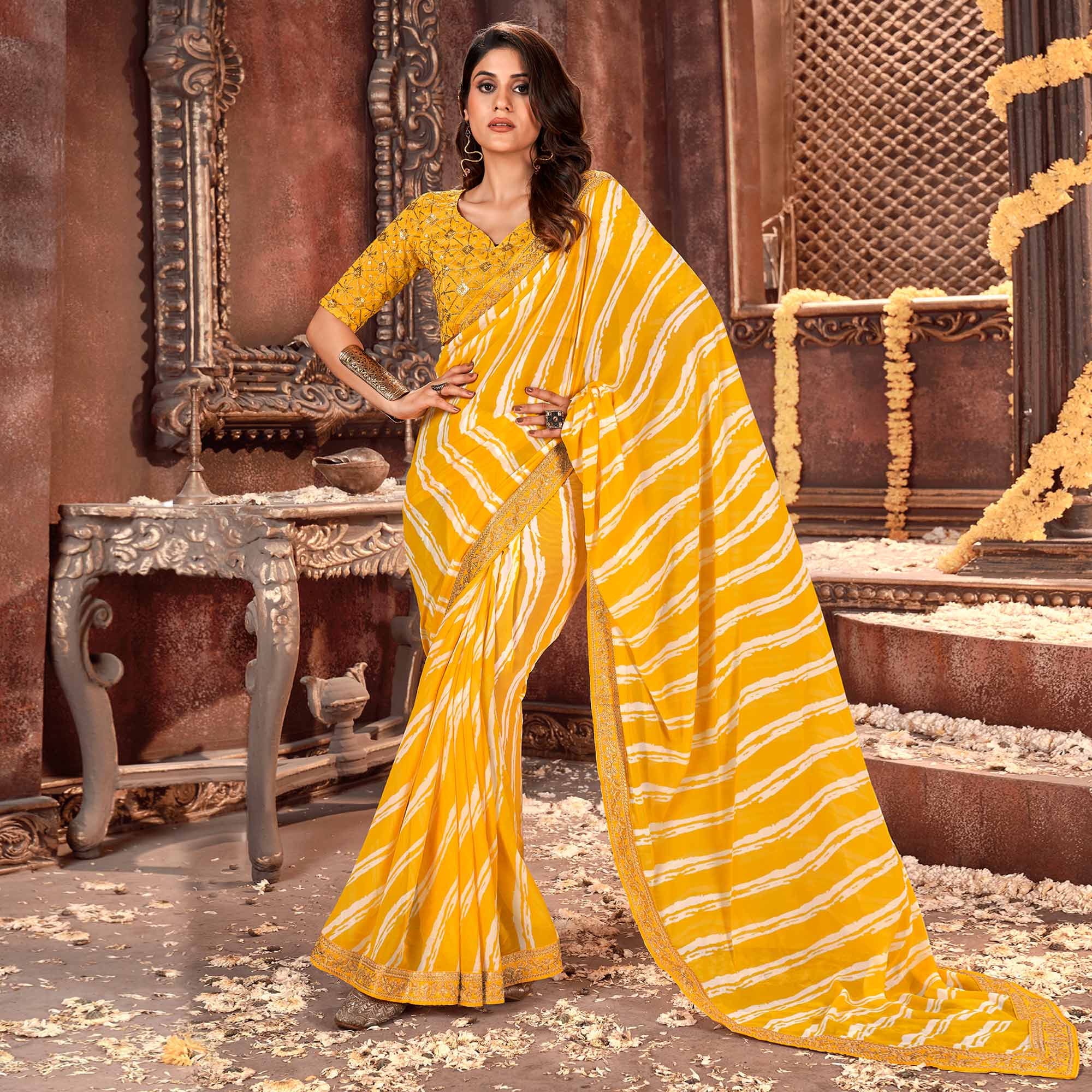 Yellow Striped Printed Georgette Saree
