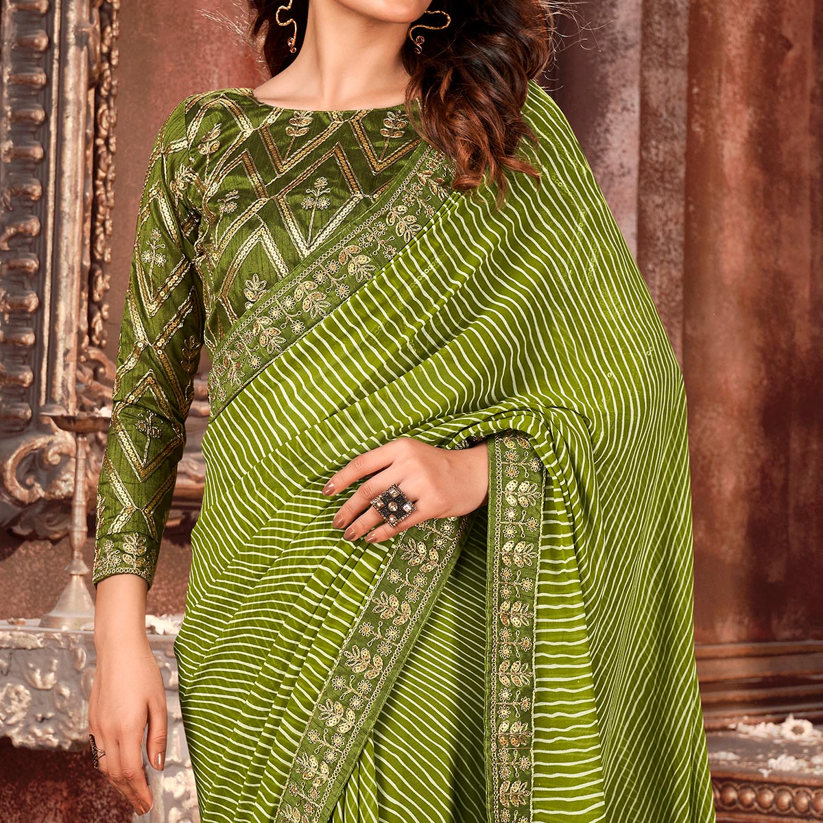 Green Striped Printed Georgette Saree