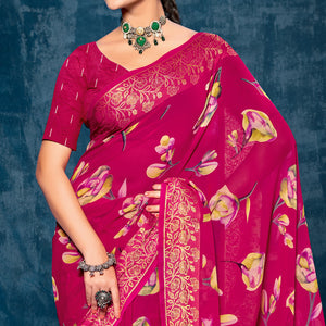 Pink Floral Printed Georgette Saree With Viscose Border