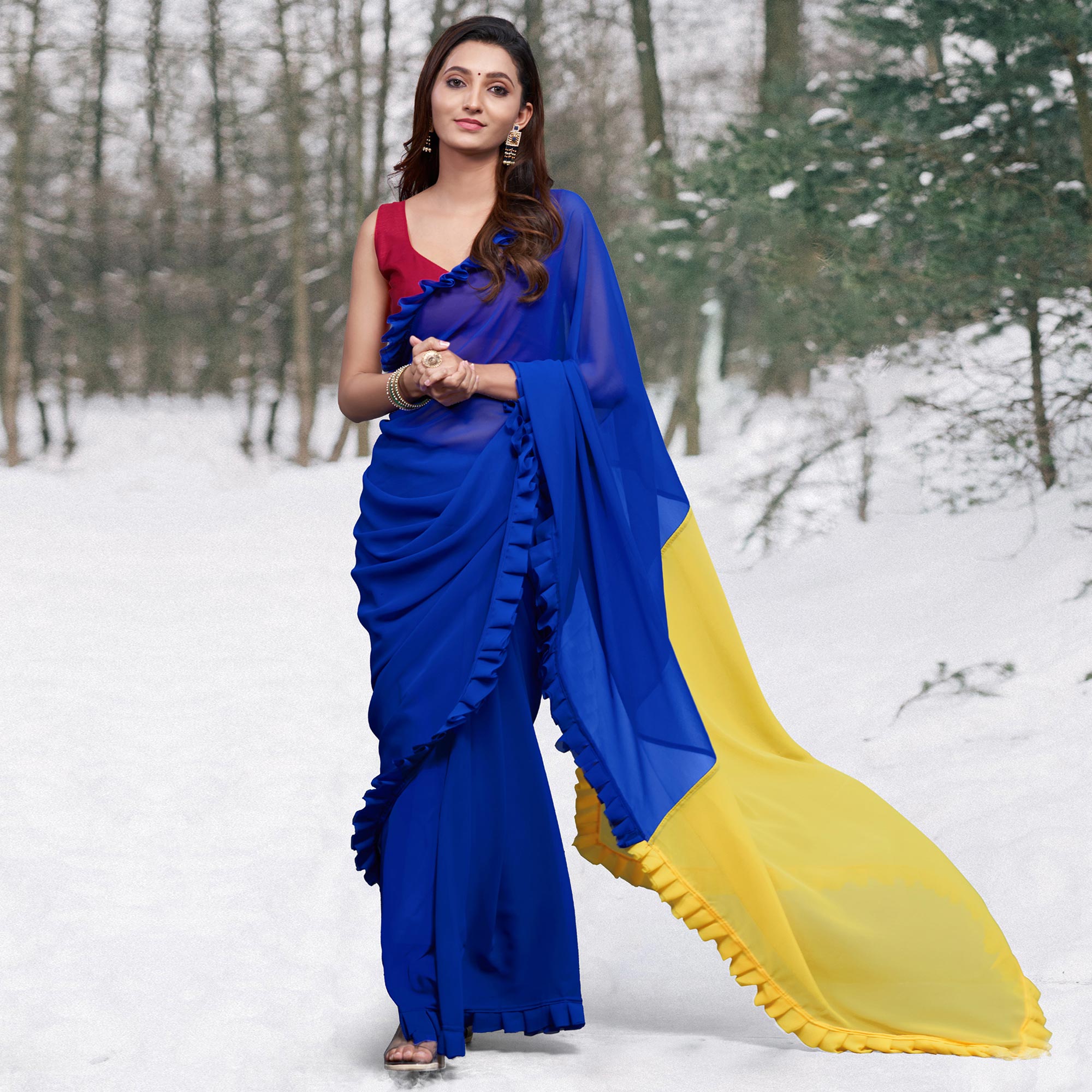 Blue & Yellow Printed Georgette Frill Saree