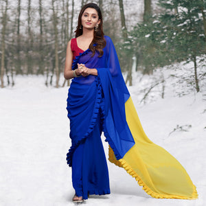 Blue & Yellow Printed Georgette Frill Saree