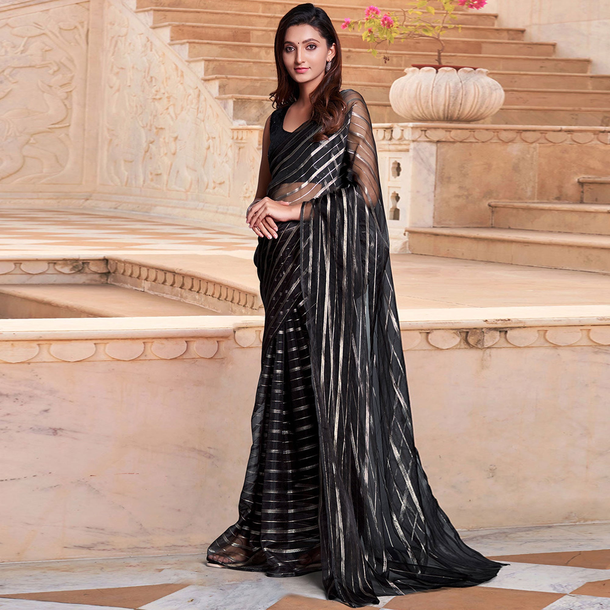 Black Woven Organza Saree