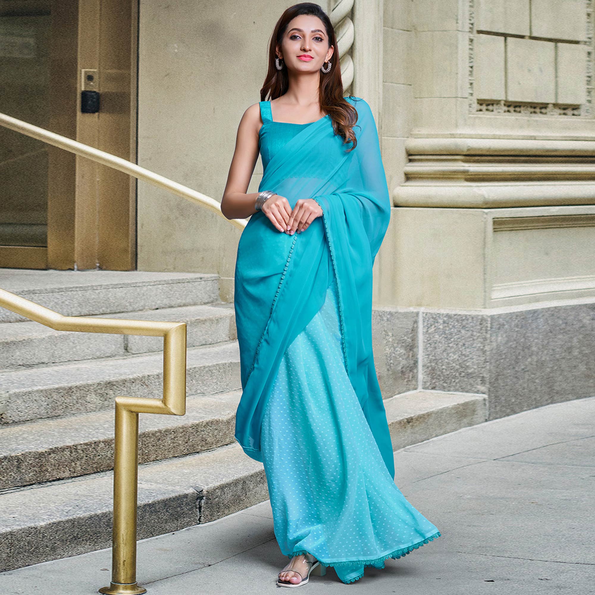 Blue Printed Georgette Saree With Lace Border