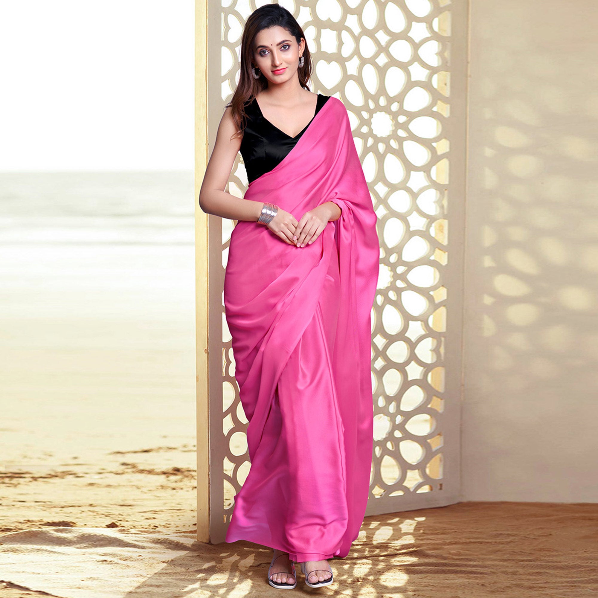 Pink Solid Georgette Saree