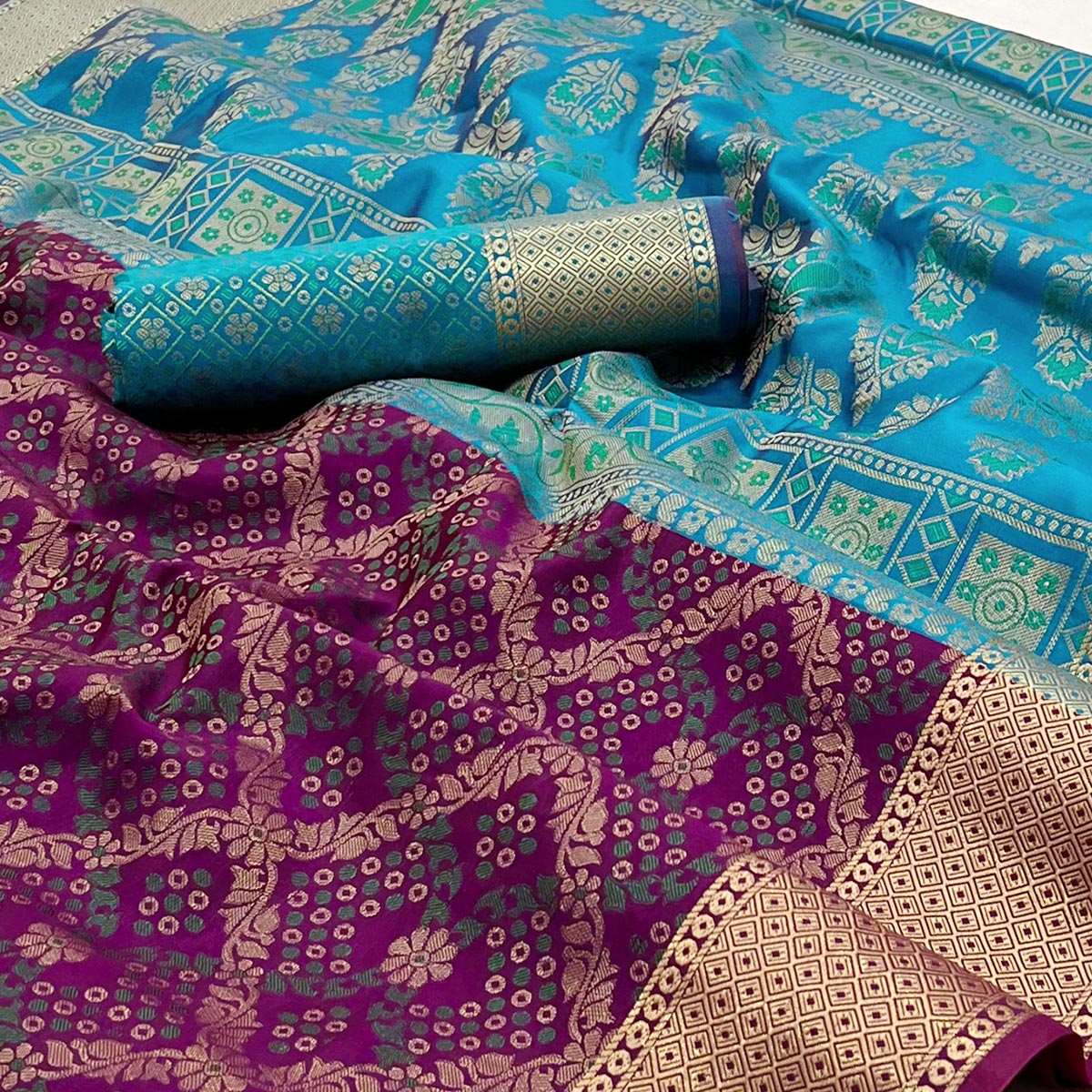 Wine Floral Woven Art Silk Saree