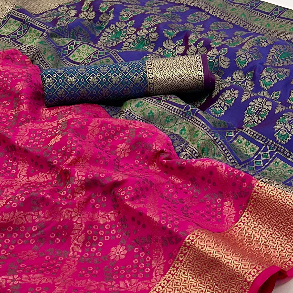 Pink Floral Woven Art Silk Saree