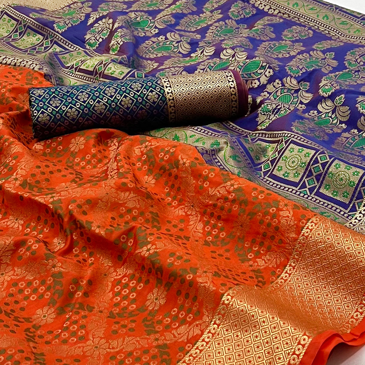 Orange Floral Woven Art Silk Saree