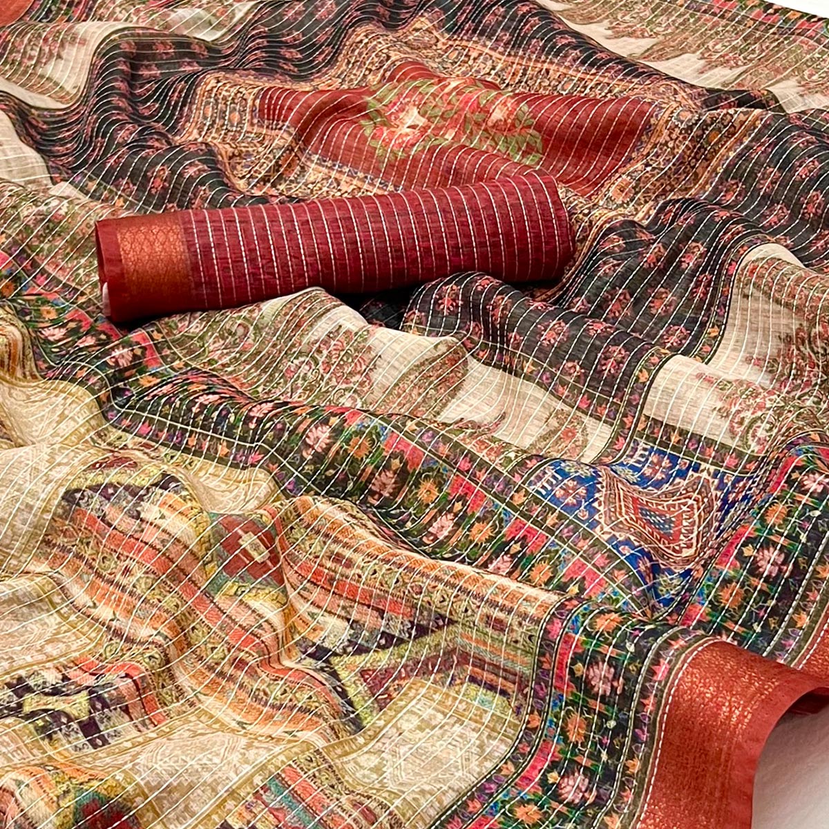 Beige Digital Printed Linen Saree