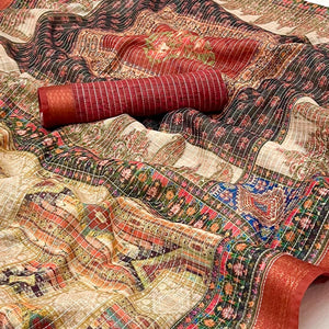 Beige Digital Printed Linen Saree