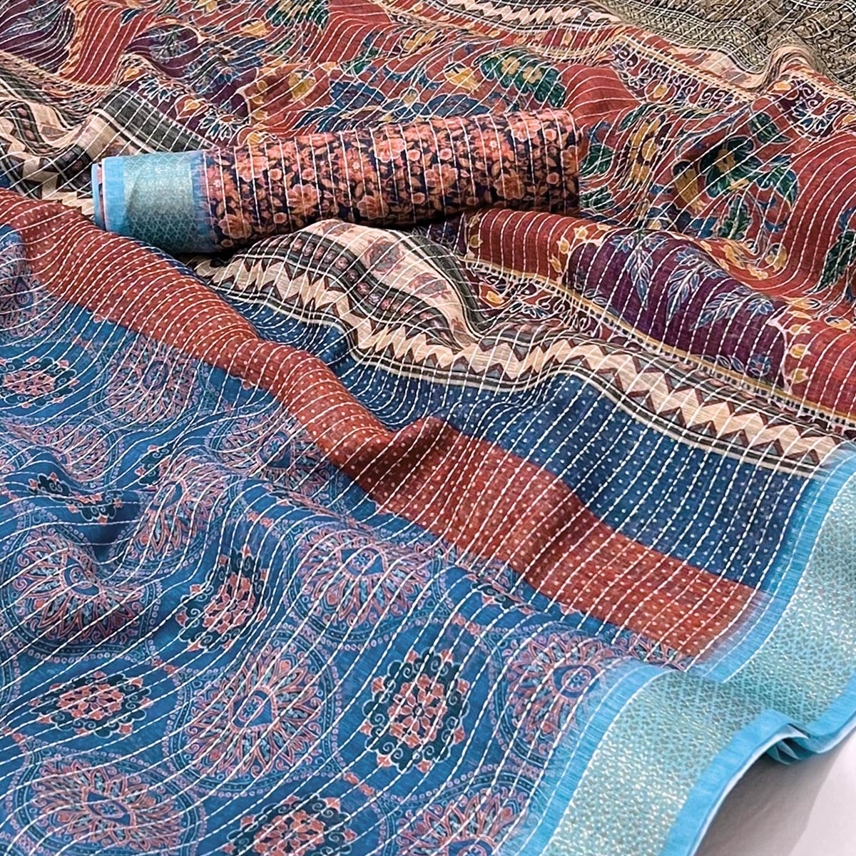 Blue Digital Printed Linen Saree