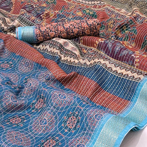 Blue Digital Printed Linen Saree