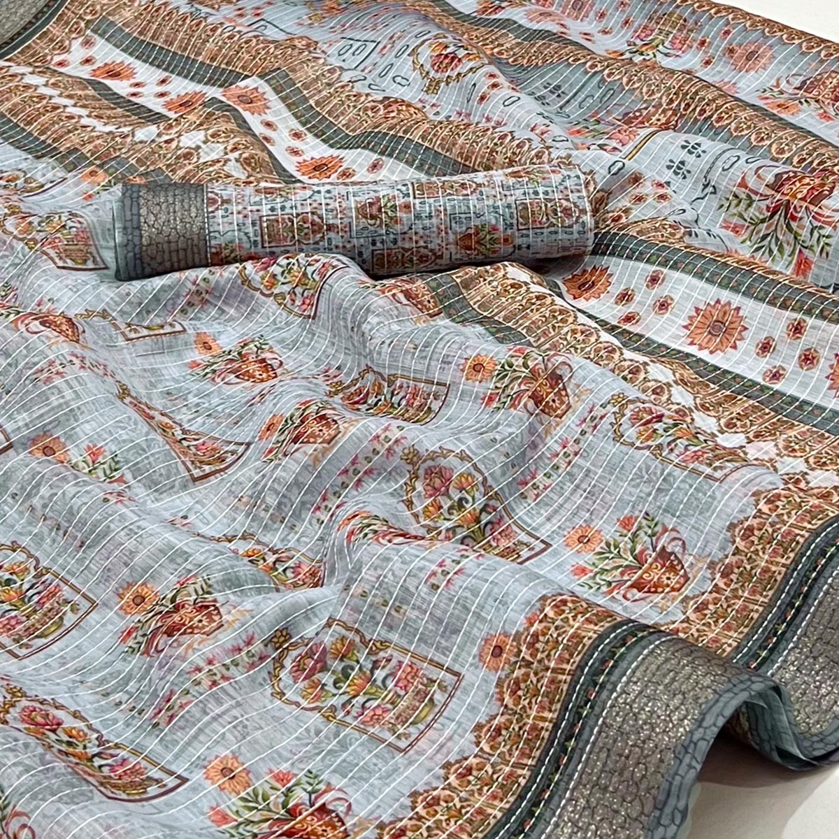 Grey Digital Printed Linen Saree