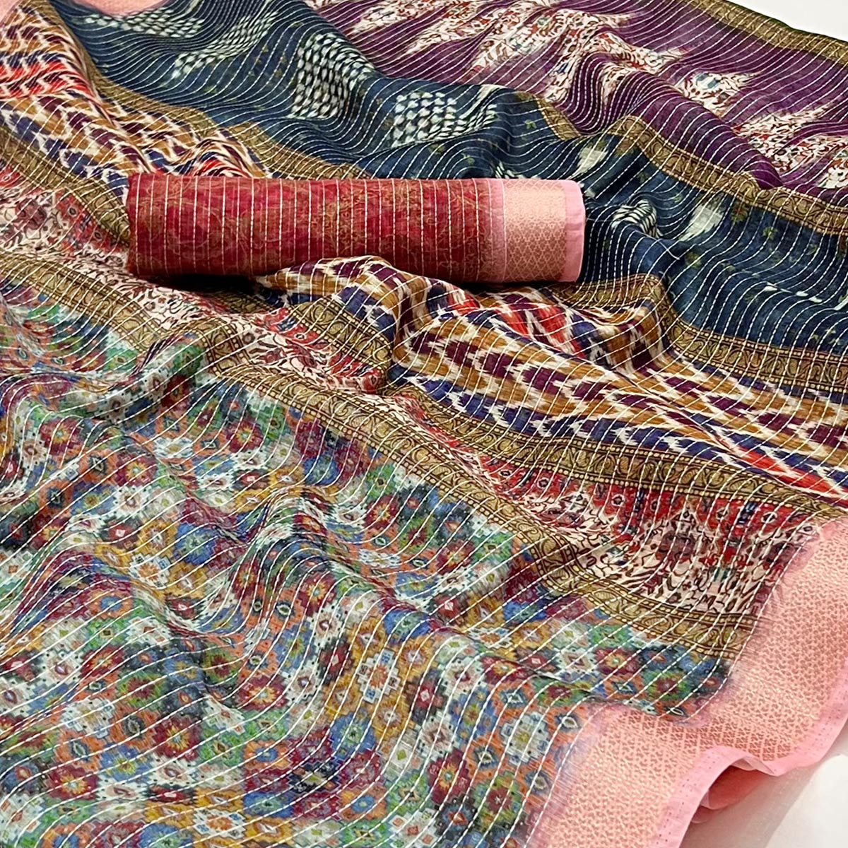 Multicolor Digital Printed Linen Saree