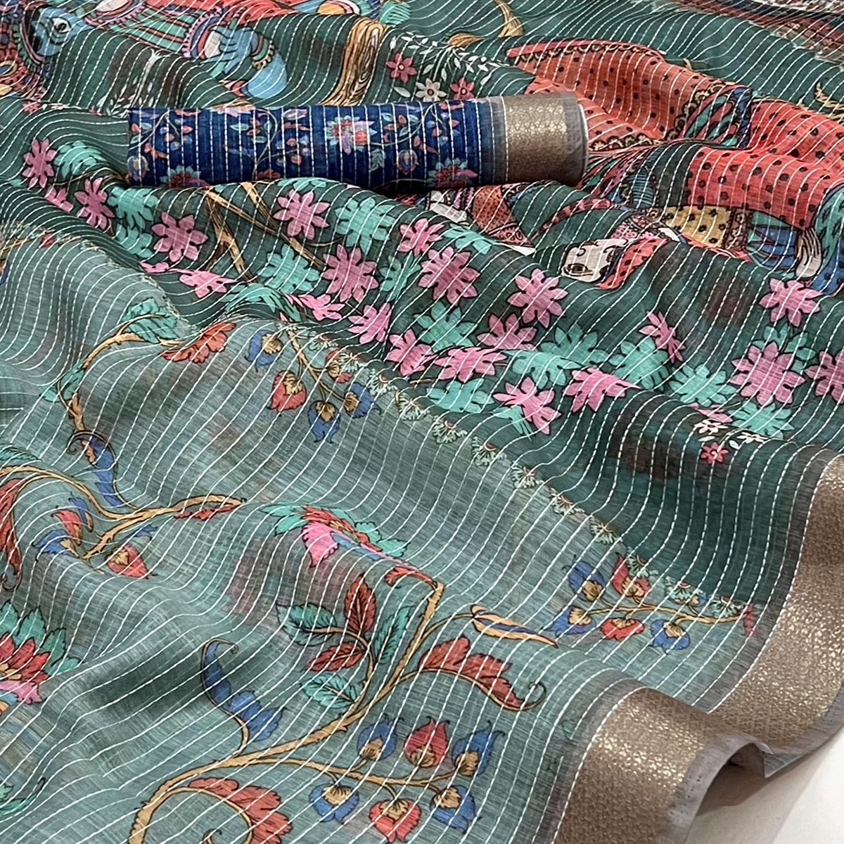 Rama Blue Digital Printed Linen Saree